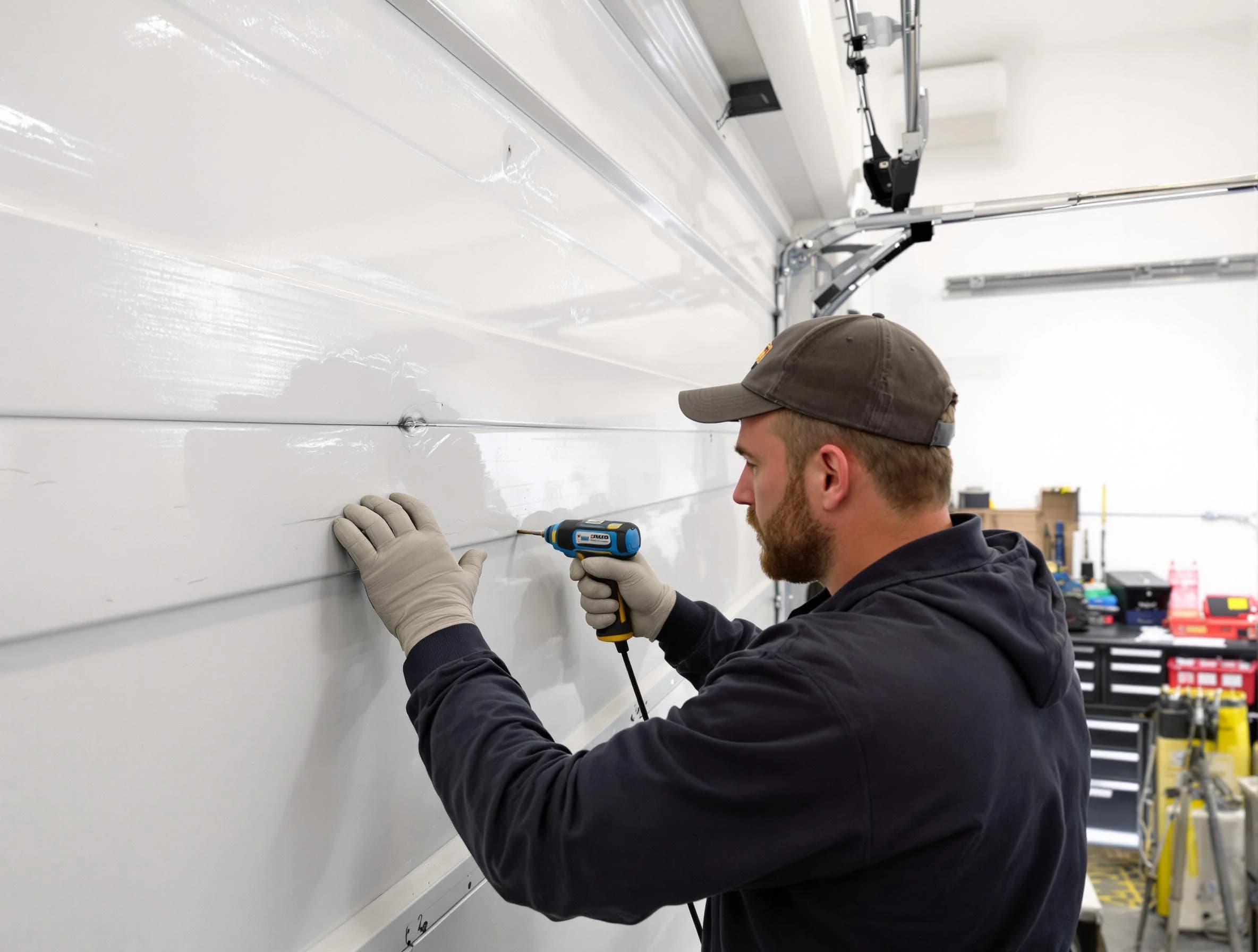 Springville Garage Door Repair technician demonstrating precision dent removal techniques on a Springville garage door